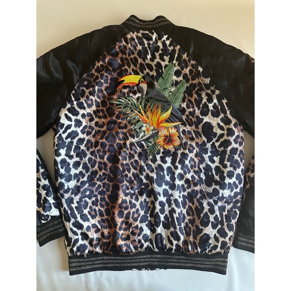 ASOS Leopard Print Bomber Jacket Black Gold Trim Full Zip Size Small‎ S Tucan - Picture 10 of 11